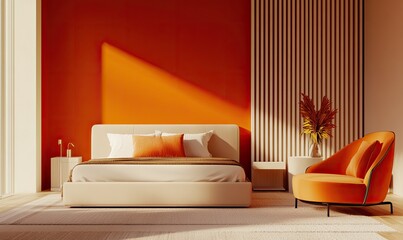 Wall Mural - Sunlit orange bedroom interior design, modern furniture, sunrise