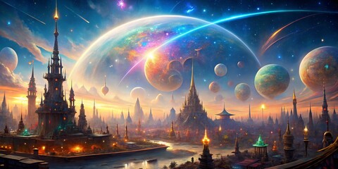 Wall Mural - Majestic Fantasy Landscape with Colorful Planets and Celestial Bodies