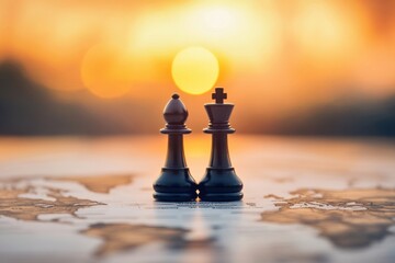 Wall Mural - Global Strategy: Chess Pieces at Sunset on a World Map