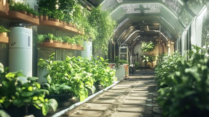 Wall Mural - Futuristic indoor garden with lush plants in sunlight.