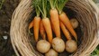 © Olha - A basket of vegetables, including carrots and potatoes, sitting in the dirt, Connection, digital, a business deal