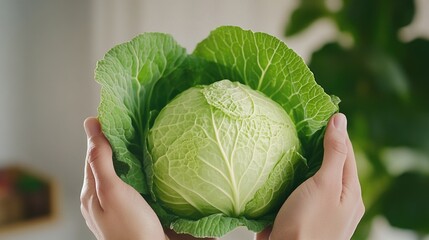 Wall Mural - Pair of hands cradling a head of cabbage, symbolizing healthy eating and the nutritional value of leafy greens.