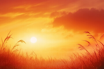Wall Mural - Golden sunrise over a tranquil field with misty grasses gently swaying in the morning breeze, creating a serene and warm atmosphere filled with vibrant orange hues.