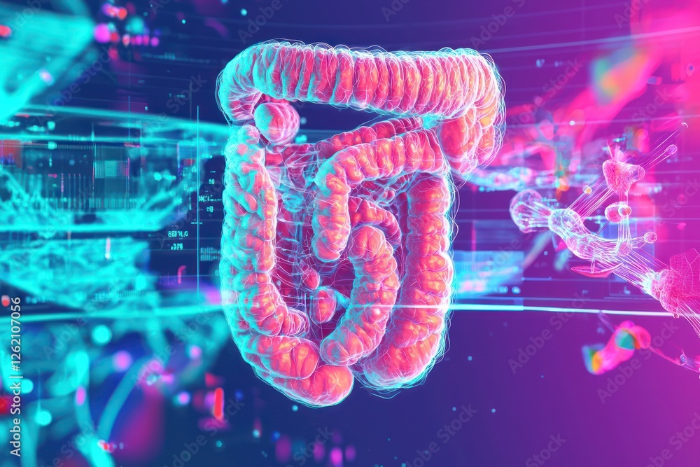 Large intestine anatomy visualization depicted in a medical rendering ...