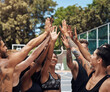 © peopleimages.com - People, fitness and huddle with hands together on basketball court for teamwork, unity or solidarity. Group, team or players with smile, circle or high five for sports, motivation or friendly game