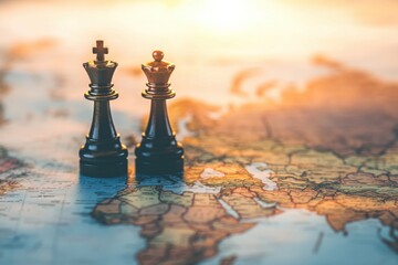 Wall Mural - Global Strategy: A Chess Game on a World Map