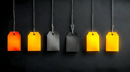 Glowing sale tags hanging, dark background, discount promotion