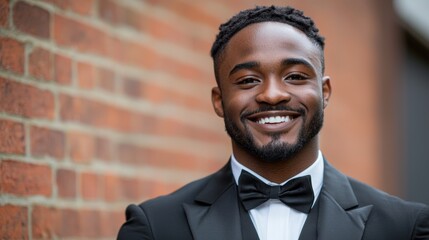 Wall Mural - Confident man in tuxedo smiling against brick wall