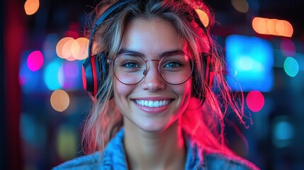 Wall Mural - Young woman smiling with headphones in a vibrant setting