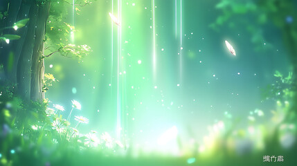 Wall Mural - Ethereal Forest Glade with Daisies and Light Rays Anime Style Tranquil Nature Scenery