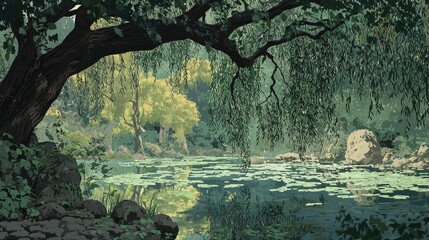 Wall Mural - A peaceful pond surrounded by lush greenery with overhanging willow branches. Water lilies float on the surface, and sunlight filters through the leaves, creating a serene nature scene. Generative AI