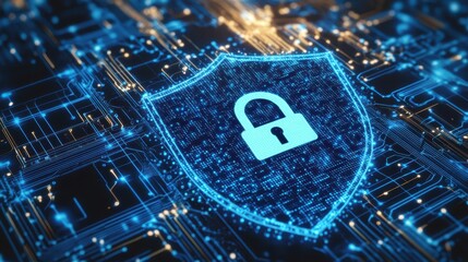 Blue digital shield with padlock represents cyber security
