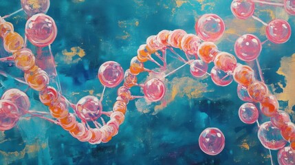 Wall Mural - A colorful DNA structure with pink bubbles floating against a blue background, symbolizing scientific discovery