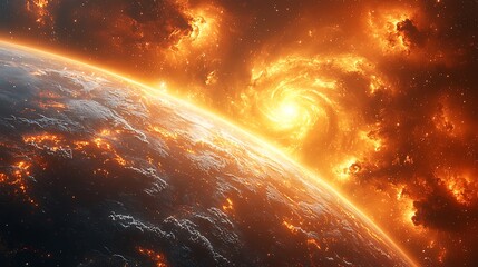 Wall Mural - fiery celestial event: a breathtaking depiction of a planet engulfed in a swirling vortex of fiery c