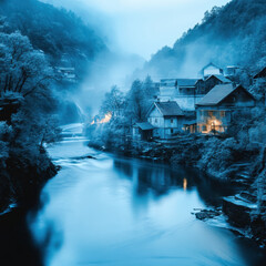 Wall Mural - Misty morning view of a serene river flowing through a quaint village surrounded by lush, fog-covered hills, with warm lights glowing from the houses.