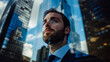 © INT888 - business man in thoughtful pose reflecting on urban skyscrapers