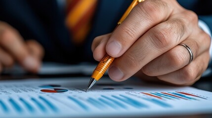 Wall Mural - close up view of professional hands analyzing financial data charts and documents on a desk concept 