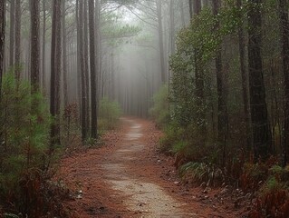 Wall Mural - Ethereal Pathway Through the Misty Woodland, A Serene Forest Escape