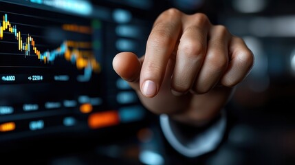 Wall Mural - close up of a hand interacting with an advanced digital dashboard interface displaying various finan