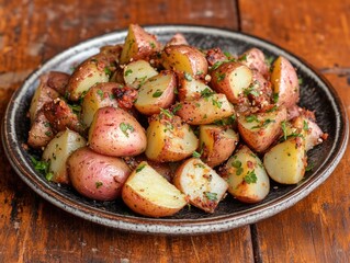 Wall Mural - A plate full of gourmet potatoes, seasoned and ready to serve.