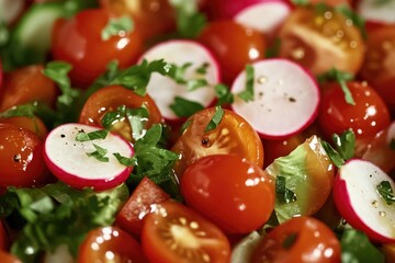 Wall Mural - A close-up of a fresh salad with vibrant red tomatoes, crisp radishes and green leaves garnishing the top.