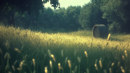 Wall Mural - Golden Wheat Field with a Hay Bale in the Meadow Landscape Summer Evening Glow Serene Scene