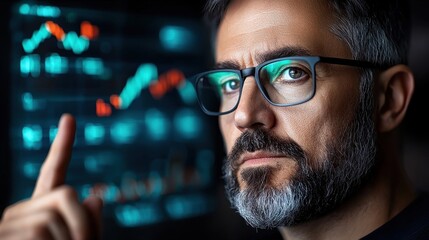 Wall Mural - close up shot of a hand analyzing futuristic financial data and charts displayed on a high tech digi