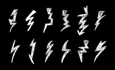 Wall Mural - set of lightning by wax pen drawing. collection of handdrawing chalk , light flash signs, doodle thu