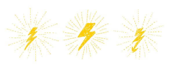 Wall Mural - set of lightning wax pen drawing silhouette. collection of thunder or battery symbols with radial ra