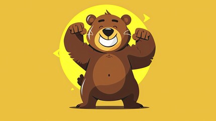 Wall Mural - A cartoon bear flexing its muscles and smiling, vector illustration with a yellow background