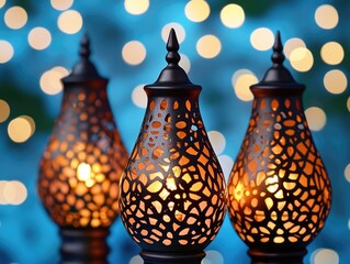 Set of three decorative lanterns lit with candles, evoking a warm and festive atmosphere.