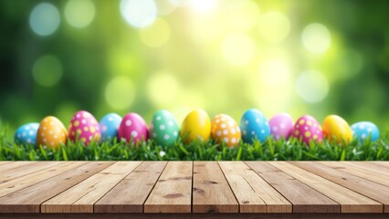 Wall Mural - An empty wooden rustic table for product display, a blurred Easter background of painted eggs and green grass and meadows