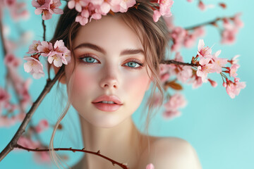 portrait of beautiful young woman with spring pink cherry or sakura branch. healthy clean fresh skin