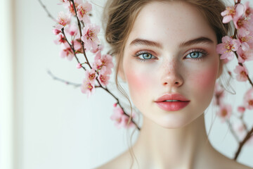 portrait of beautiful young woman with spring pink cherry or sakura branch. healthy clean fresh skin