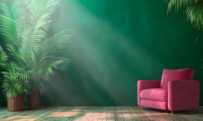 Poster - Pink armchair in green room, sunlit plants. Home decor, interior design