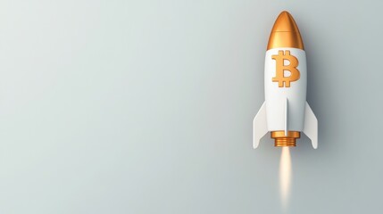 Wall Mural - A stylized rocket with a Bitcoin symbol, representing the rise of cryptocurrency and digital finance, launching into the air.