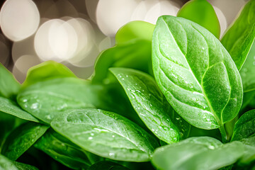 Canvas Print - Lush green leaves, dew drops, bokeh background; nature, health