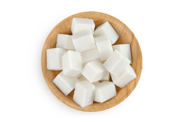 Wall Mural - Sugar cubes in a wooden bowl isolated on white background. Top view. Flat lay