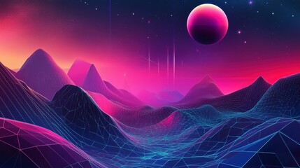Wall Mural - vibrant futuristic landscape with neon colors and celestial body