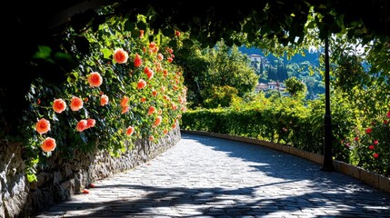 Wall Mural - Rose covered walls line a cobblestone path winding uphill