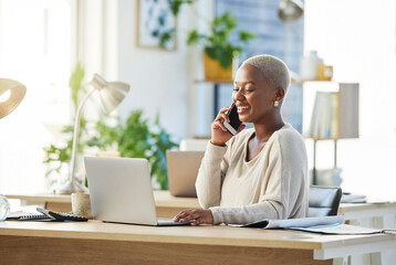 Poster - Business, phone call and black woman in office, laptop and planning for startup, smile and talking. African person, mobile user and employee at desk, pc and cellphone for communication or digital app