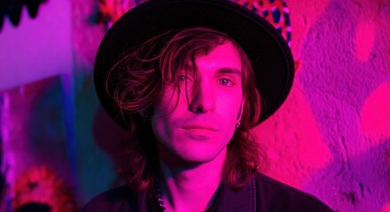 Wall Mural - Portrait of a man with long hair wearing a hat in vibrant pink lighting