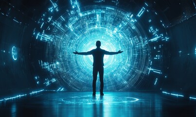 Businessman standing in front of a futuristic interface with holographic data. Technology and business concept, Generative AI