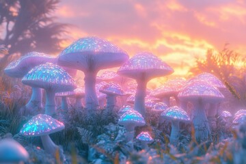 Wall Mural - glowing mushrooms illuminate a mystical forest at sunset, creating a surreal and enchanting scene.