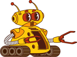 Canvas Print - Cartoon funny groovy robot or droid character on wheels, vector robotic bot. Groovy robot or space rover with mechanic arms and grippers in retro cartoon, robotic cyborg on caterpillar track wheels