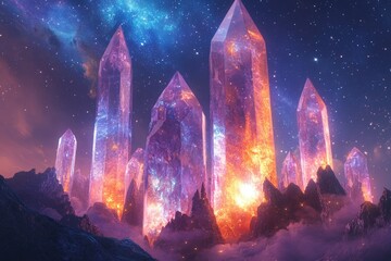 Wall Mural - enormous glowing crystals rise from a mystical landscape under a starry night sky.