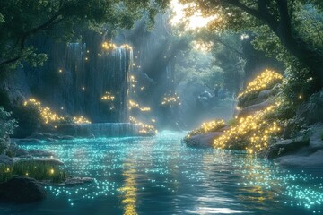 Wall Mural - enchanted forest river scene with glowing fireflies illuminating a waterfall and lush vegetation.
