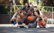 © peopleimages.com - Happy people, basketball and selfie with team on court for photography, picture or memory together. Group, friends or players with smile for capture, moment or social media post on sports ground