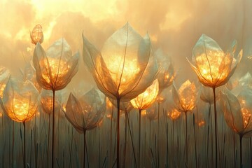 Wall Mural - glowing translucent flowers illuminate a mystical field at sunset, creating a magical and serene atm