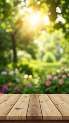 Wall Mural - Empty wooden table with garden bokeh for a catering or food background with a country outdoor theme, Template mock up for display of product